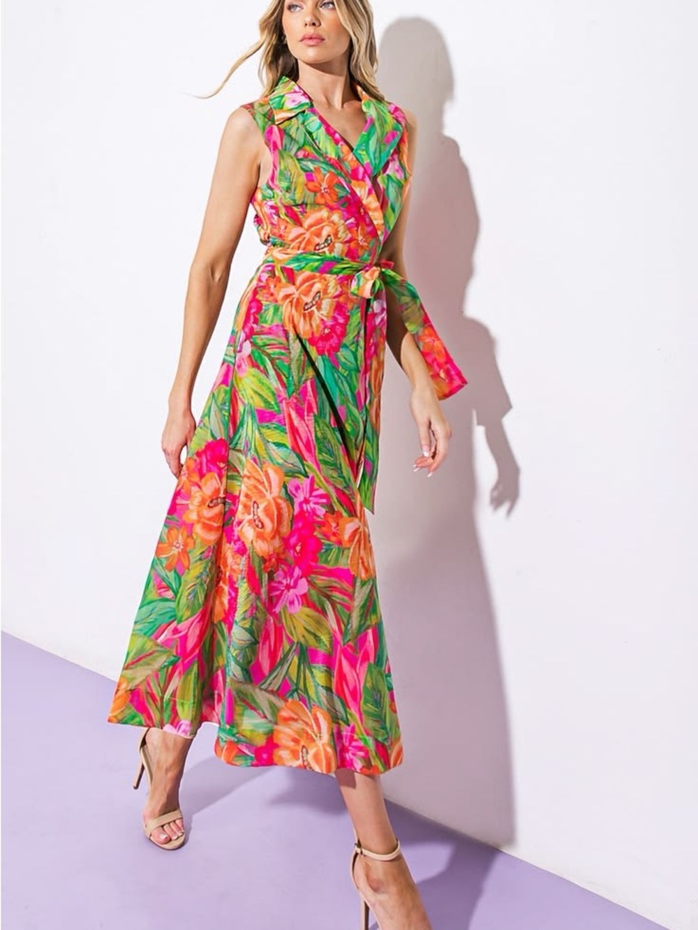 Flying Tomato Vibrant Floral Collared Tie-Waist Midi Dress - Pink & Green - Picture 3 of 4